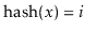 $ \ensuremath{\ensuremath{\mathrm{hash}(\ensuremath{\mathit{x}})}}=\ensuremath{\ensuremath{\ensuremath{\mathit{i}}}}$