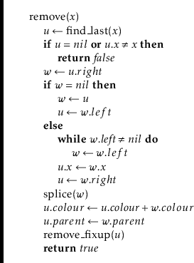 \begin{leftbar}
\begin{flushleft}
\hspace*{1em} \ensuremath{\mathrm{remove}(\ens...
...return}} \ensuremath{\ensuremath{\mathit{true}}}\\
\end{flushleft}\end{leftbar}