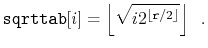 $\displaystyle \ensuremath{\mathtt{sqrttab}}[i]
= \left\lfloor
\sqrt{i 2^{\lfloor \ensuremath{\mathtt{r}}/2\rfloor}}
\right\rfloor \enspace .
$