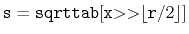 $ \ensuremath{\mathtt{s}}=\ensuremath{\mathtt{sqrttab}}[\ensuremath{\mathtt{x}}\ensuremath{\mathtt{>>}}\lfloor \ensuremath{\mathtt{r}}/2\rfloor]$