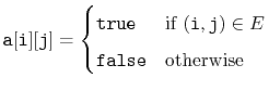 $\displaystyle \ensuremath{\mathtt{a[i][j]}}=
\begin{cases}
\ensuremath{\math...
...(i,j)}}\in E$} \\
\ensuremath{\mathtt{false}} & \text{otherwise}
\end{cases}$