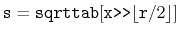 $ \ensuremath{\mathtt{s}}=\ensuremath{\mathtt{sqrttab}}[\ensuremath{\mathtt{x}}\ensuremath{\mathtt{\text{\ttfamily >>}}}\lfloor \ensuremath{\mathtt{r}}/2\rfloor]$