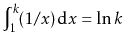 $ \int_1^k\! (1/x)\, \mathrm{d}x= \ln k$