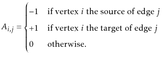 $\displaystyle A_{i,j} = \begin{cases}
-1 & \text{if vertex $i$\ the source of ...
...if vertex $i$\ the target of edge $j$} \\
0 & \text{otherwise.}
\end{cases} $