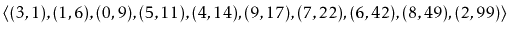 $\displaystyle \langle
(3,1), (1,6), (0,9), (5,11), (4,14), (9,17), (7,22), (6,42), (8,49), (2,99)
\rangle
$