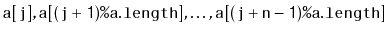 $\displaystyle \ensuremath{\mathtt{a[j]}},\ensuremath{\mathtt{a[(j+1)\text{\ttfa...
...}a.length]}},\ldots,\ensuremath{\mathtt{a[(j+n-1)\text{\ttfamily\%}a.length]}}
$