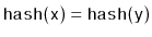$ \ensuremath{\mathtt{hash(x)}}=\ensuremath{\mathtt{hash(y)}}$