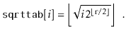 $\displaystyle \ensuremath{\mathtt{sqrttab}}[i]
= \left\lfloor
\sqrt{i 2^{\lfloor \ensuremath{\mathtt{r}}/2\rfloor}}
\right\rfloor \enspace .
$
