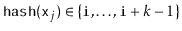 $ \ensuremath{\mathtt{hash}}(\ensuremath{\mathtt{x}}_j)\in\{\ensuremath{\mathtt{i}},\ldots,\ensuremath{\mathtt{i}}+k-1\}$