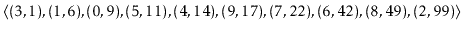 $\displaystyle \langle
(3,1), (1,6), (0,9), (5,11), (4,14), (9,17), (7,22), (6,42), (8,49), (2,99)
\rangle
$